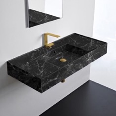 Black Marble Design Ceramic Wall Mounted or Vessel Sink With Counter Space